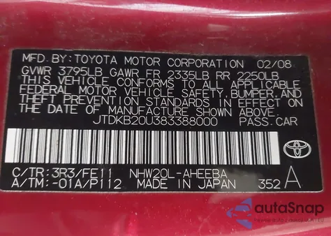 2008 Toyota Prius из США, поврежденный, VIN JTDKB20U383388000